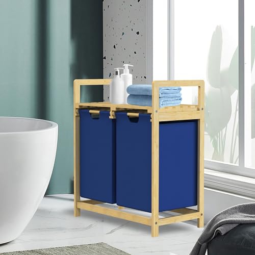 ML-Design Cesto para la Colada de Bambú Azul Oscuro Caja para la Ropa Sucia con 2 Compartimentos Recogedor con 2 Bolsas Extensibles 60 L Cubo con Estante Clasificador para el Cuarto de Baño