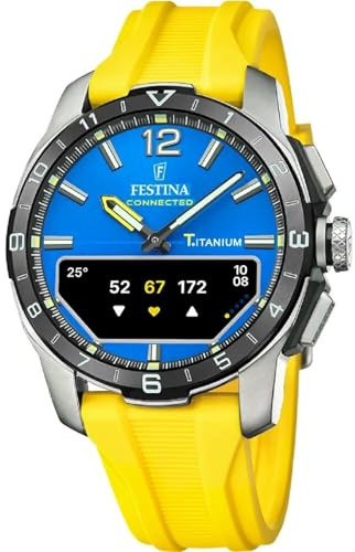 Festina Montre Connectée Hybride Homme - Bracelet Caoutchouc Jaune - Suivi Activité, Musique, Notifications - Autonomie 10 Jours - F23000/8 Connected D
