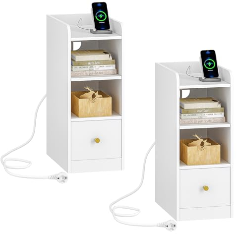 Hzuaneri Nachttisch 2er Set, Schmal, Beistelltisch mit Ladefunktion, USB & Type C Anschlüsse, Nachttische mit 3 Etagen Stauraum, 1 Schublade, für Schlafzimmer, Wohnzimmer, Weiß NS36503X