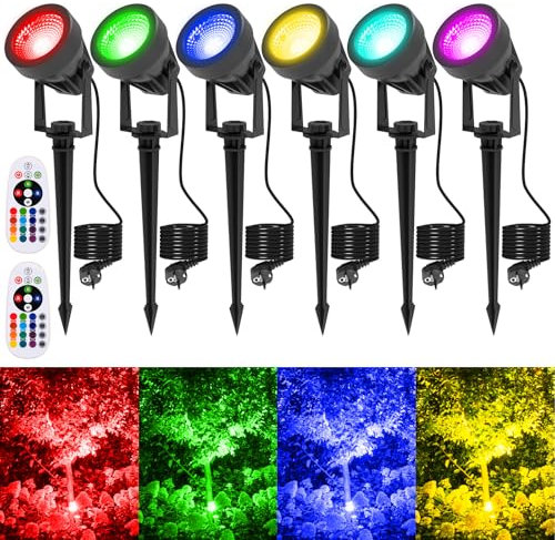 T-SUNUS RGB Outdoor LED Spotlight, Warm White RGB Garden Spotlight with Remote Control IP65 Waterproof RGB Garden Lighting for Garden Trees Paths 6 Packs
