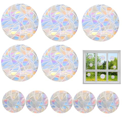10 Piezas Pegatinas Anticolisión para Ventanas de PVC Transparente,Diámetros Variados， Adhesivos Protectores para Aves, Efecto Arcoíris, para Hogar y Oficina, Fácil Instalación y Remoción