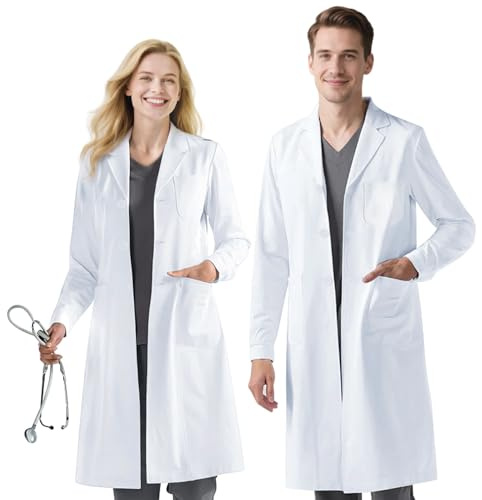 BSBUY Blouse Chimie Blanche Blouse de Laboratoire, Longues Blouse de Médecin avec Poche et Bouton pour Femme Homme, Blouse Medicale Unisexe, Blouse Chimie pour Lycée Collège Hospital Travail Étudiant