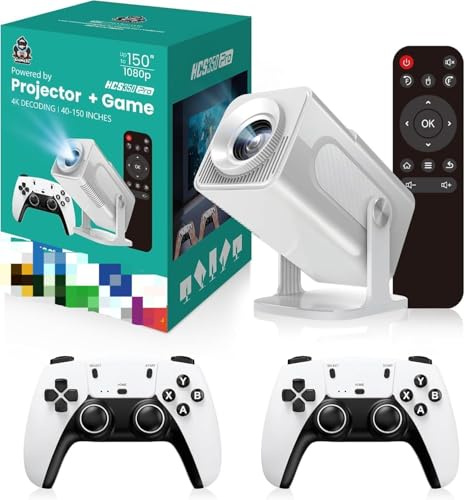 HCS350 Projecteur professionnel et jeu, projecteur de jeu intelligent rétro 4K 1280 x 1080p 30 000 jeux intégrés, jeu vidéo portable avec 2 manettes sans fil, WiFi 5G, Bluetooth, HDMI, Android 12