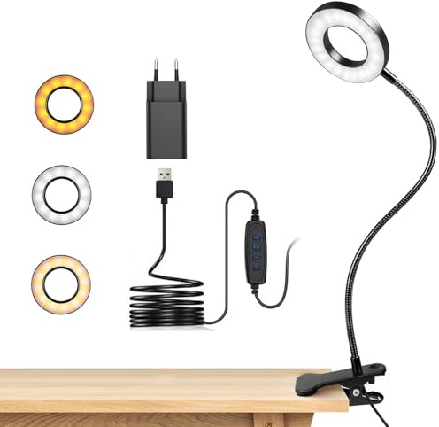 LED Leselampe Buch Klemme für Schreibtisch & Bett • 48 LEDs, 10 Helligkeitsstufen & 3 Farbtemperatur Modi, Augenschonende Klemmlampe mit USB-Betrieb, Flexibler Schwanenhals (40cm) für Kopfende