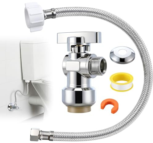 Dreyoo Complete Toilet Shut Off Valve Set with 1/2 x 3/8'' Compression Straight Stop Valve, 12 Length 3/8 COMP x 7/8 BC Toilet Connector Hose, Escutcheon Plate, Disconnect Clip & Sealing Tape