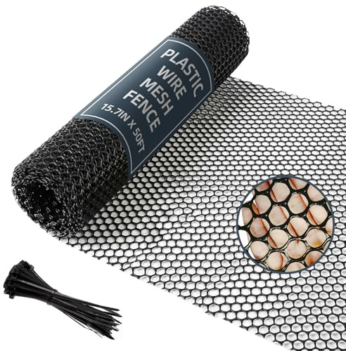 Plastic Wire Mesh Fence, 40cm x 15m Chicken Wire Mesh Roll Versatile Plastic Fencing Net Poultry Animal Barrier Fence with 150 Zip Ties for Garden & Farm, Black