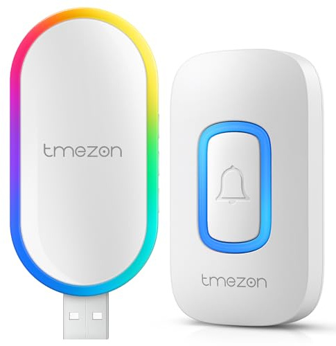 TMEZON Timbre Inalámbrico Exterior Impermeable, Timbre inalámbrico con Receptor USB,60 Melodías,5 Volumen,Timbre RGB Colorido para el hogar,sin Adaptador de Corriente,DC/3