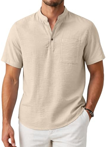 Enlision Camisa Hombre Manga Corta de Lino y Algodón, Camiseta Verano Hombre Cuello Mao Ligera y Transpirable, T Shirt Casual para Playa Vacaciones con Bolsillo, Silueta Holgada Tallas S-4XL