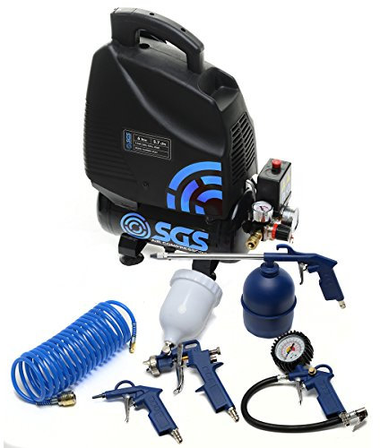 SGS 6 Litre Oil-Less Direct Drive Air Compressor with 5 Piece Tool Kit – Portable for DIY and Workshop Use, 1.5HP, 5.7 CFM, 116 PSI