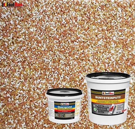 Isolbau Buntsteinputz - Mosaikputz für innen & außen - Frostsicher, wasserfest, stoßfest - BP40 (Braun, Weiß, Gelb), 20 kg + Quarzgrund 4 kg