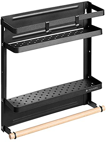 Navaris Kühlschrank Regal magnetisch - Hängeregal Gewürzregal Organizer - Küchenregal aus Metall - Ablage mit Küchenrollenhalter - in Schwarz