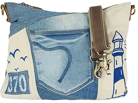 Sunsa Damen Maritim Umhängetasche. Schultertasche aus Canvas, recycelte Jeans & Leder. Große Vintage Crossbody Tasche. Nachhaltig Handtasche als Geschenkideen für Frauen/Mädchen