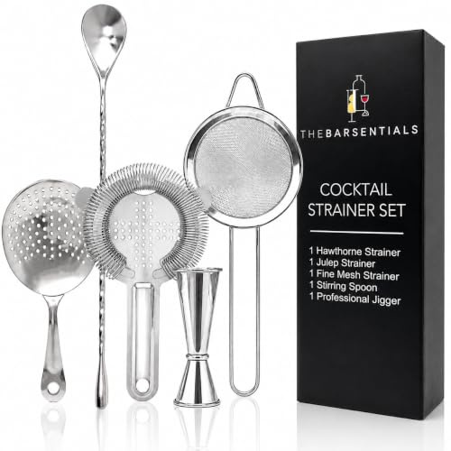 TheBarsentials Cocktail Strainer Set Stainless Steel Bar Tools with Stirring Spoon - Hawthorne, Julep, Fine-Mesh and Jigger for Drinks