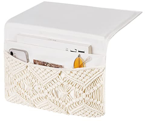 Mkono Macrame Bedside Caddy, Boho Bed Storage Organizer, 4 Pockets Ivory