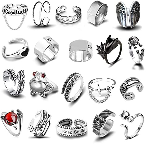 Punk Ring Set,20 delar Vintage Silver Knuckle Rings Set För Kvinnor Män | Stapelbar Cool Punk Goth Ring Justerbar Öppna Stapling Ringar, Boho Rings