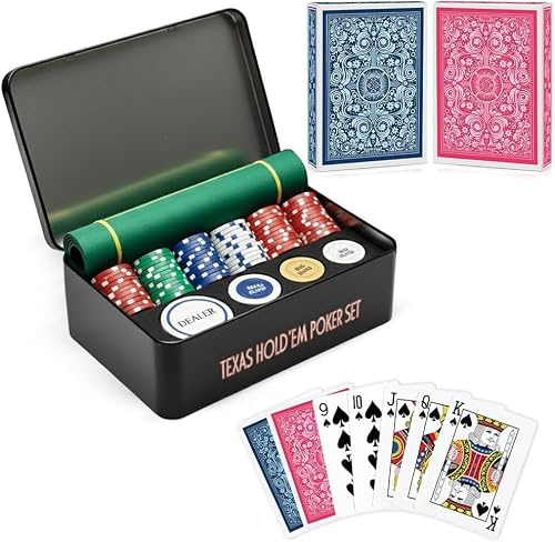 ONE BEST DEAL 200 Piece Texas Hold'em Poker Set with Table Cloth Laser Casino Chips & Gambling Playing Cards Poker Dice Decks Party Game for Family & Friends