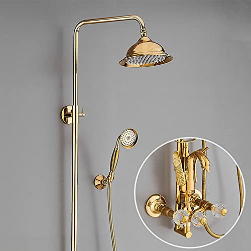 CAZARU Duschsystem mit Wanneneinlauf, runder 8-Zoll-Regenduschkopf mit Handbrause, Doppelgriff-Duscharmatur-Set, Wandmontage-Badewannen-Mischbatterie, Gold