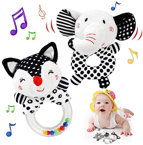 JoyLife Jouets D'éveil Bebe 0 3 6 12 Mois, Noirs et blancs Jouet de Peluche Hochets Haltère Cadeau pour Bebe Garçon Fille, Voyage Douce Jouets en Peluche avec des sons