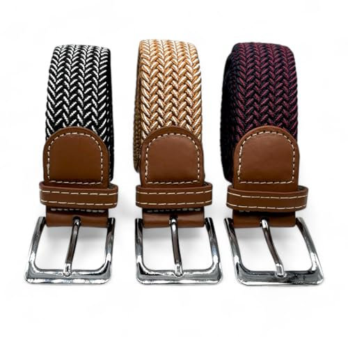 Cinturón Trenzado Elástico, Set de 3 Cinturones Extensibles de Hombre o Mujer, Talla Única, se Adapta a cada Cintura, Cinturón de Vestir o Casual, Longitud de 110cm a 140cm (Azl/Rj-Neg/Bln-Mar Cl/Bln)