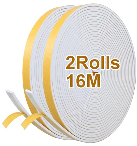 Inwee Dichtungsband Selbstklebendes für Türen Fenster, 12mm(B) x 3mm(D) Schaumstoff-Wetterschutzstreifen Türdichtung, Gummi-Dichtungsstreifen Schalldämmung Kollision Siegel (2 Rollen/16m Weiß)