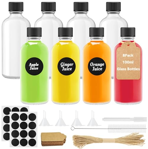 Amentalove 8PCS 100ml Mini Bouteille Verre, Petite Bouteille en Verre Vide, Shot Bouteilles, Bouteilles en verre avec Couvercles avec Entonnoir, Étiquette, Stylo pour Huiles Essentielles,Jus,Ginger