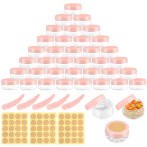 40 Stück Döschen, 10ml Plastik Probenbehälter, Mini Transparent Leerdose Klarer Tiegel, Leere Kosmetikdose für Lotion, Creme, Mini-Kerzen mit Schraubverschluss, Spatel und Etikett (Rosa)