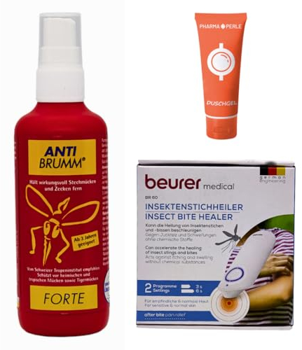 Anti Brumm Forte 150 ml + Beurer BR 60 Insektenstichheiler I Pumpspray zum Schutz gegen Mücken, Zecken I Deet I Stichheiler I Hitzestift I Mückenstich I Tropen I Spar-Set plus Pharma Perle give-away