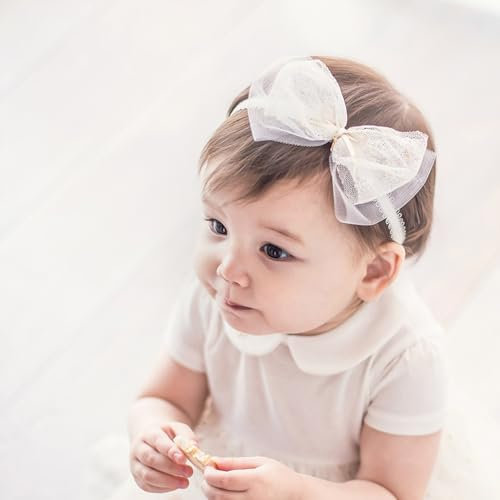 Baby Mädchen Stirnbänder Weiß Dehnbare Stirnband Doppelspitze Spitzebowknot-Haarband Weich Baby Hairband Neugeboren Haarschmuck Babygeschenke für Neugeborene（Goldener Bogen）