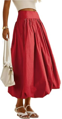 Owegvia Palloncino da donna Gonne Lunghe Elegante Vita Alta Tinta unita A-Line Gonne Casual Flowy Gonne Cocco Ragazza Estetica, A- Rosso, M