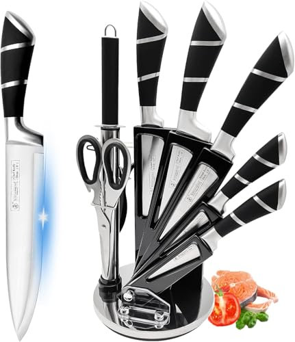 9-tlg Messerset mit Drehbare Acryl Messerblock, Rosa Sharp Antihaft Beschichtete Kochmesser Block Set,Edelstahl Messer Set für Küche mit Schärfer zum Schneiden Schneiden Würfeln Hacken (Schwarz)