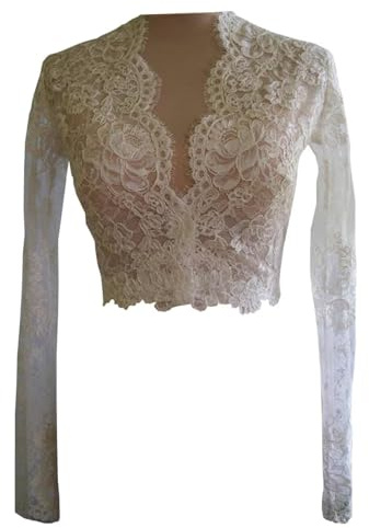 V-Neck Bolero Plus Size Women Lace Wedding Jackets for Bride with Sleeves Ivory 14