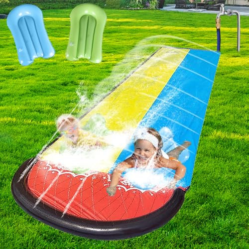 Rppiup Wasserrutsche Garten, 6,1 * 1,4M Doppel Wasserrutschmatte, Wasserspielzeug Kinder Outdoor mit 2 Surfboard, Rasen Wasserrutsche Rutschmatte mit Sprinkler, Wasserbahn Duell für Garten Rasen