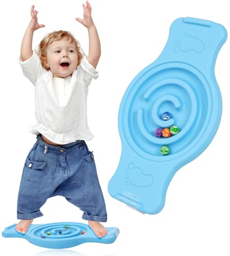 Tablero de equilibrio Wobble para niños, tablero de laberinto de balancín de plástico con carga de piedras escalonadas de 220lb, juego activo y ejercicio para niños pequeños (Azul)