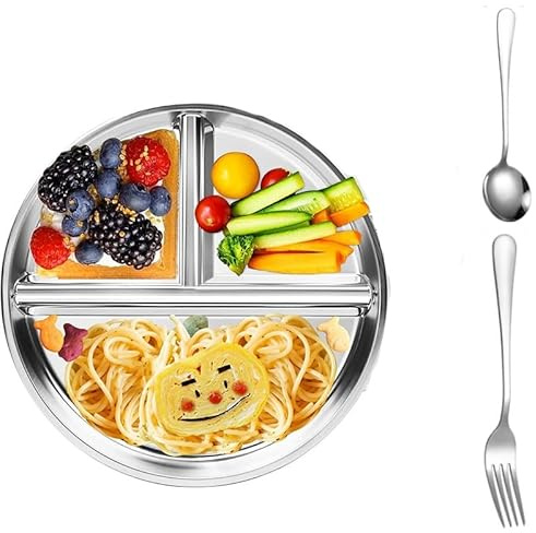 Ceeyoll Assiettes en acier inoxydable pour enfants de 23 cm, ensemble d'assiettes divisées, assiettes à portions réutilisables pour enfants et adultes, apportez une fourchette et une cuillère ronde