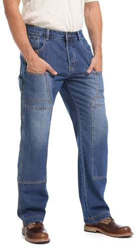 Jeans da lavoro, da uomo, per tutti i giorni, Carpenter, jeans Worker Cargo Loose Fit con rinforzi al ginocchio, Blu, 28W x 30L