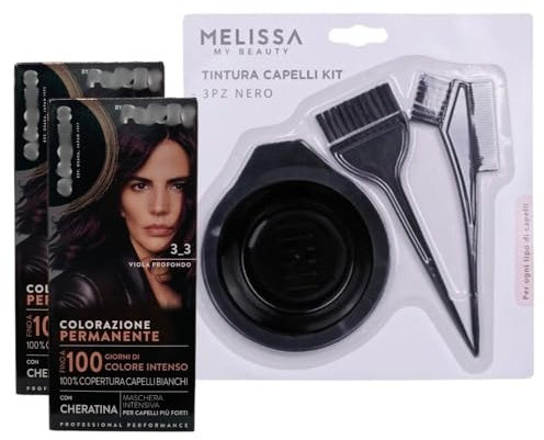 2X Colorazione Permanente, 3_3 Viola Profondo con Cheratina, Fino a 100 Giorni di Colore Intenso, 100% Copertura Capelli Bianchi, per Ottenere un Risultato Professionale + Set Tinta Capelli da 3pz