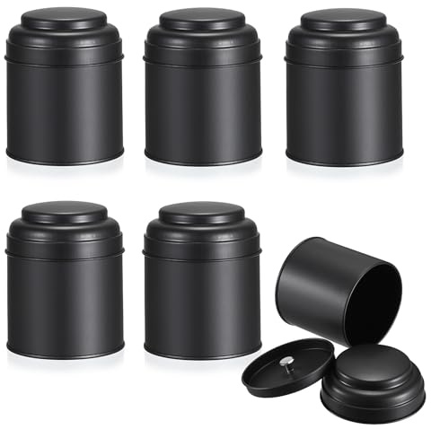SUMTree 6 barattoli da tè per tè sfuso, colore nero, set di contenitori da cucina in metallo con doppio coperchio ermetico, impilabili, contenitori per alimenti, rotondi, piccoli contenitori per