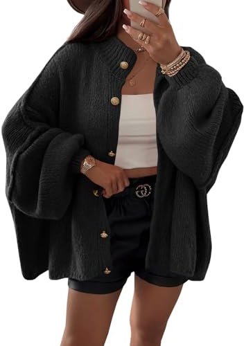 Saodimallsu Cardigan en tricot pour femme - Manches courtes - Cardigan - Boutonnière - Open Front - Pull à manches longues - Manteau en tricot ample - Automne et hiver, Noir , L