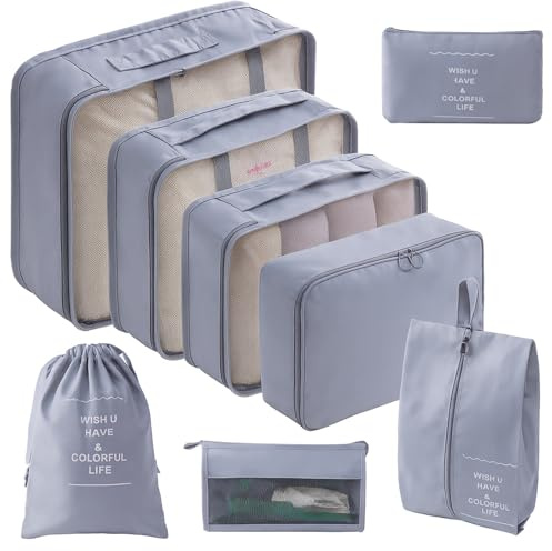 Organizador de Maleta de 8 Piezas para Viaje – Set Impermeable con Bolsas de Ropa y Cubos de Embalaje, Ideal para Equipaje de Mano y Vacaciones (GRIS)
