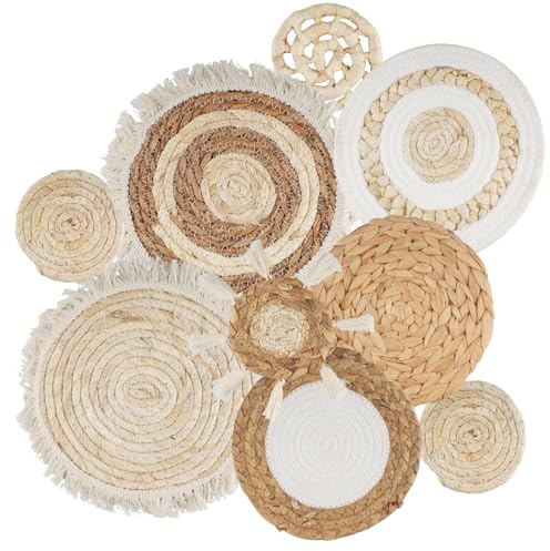 Rongxze 9 piezas decoración de pared boho, set de cestas de pared boho, decoración de cestas de pared tejidas, hechas a mano, arte de pared redondo para estilo granja, para decoración de pared