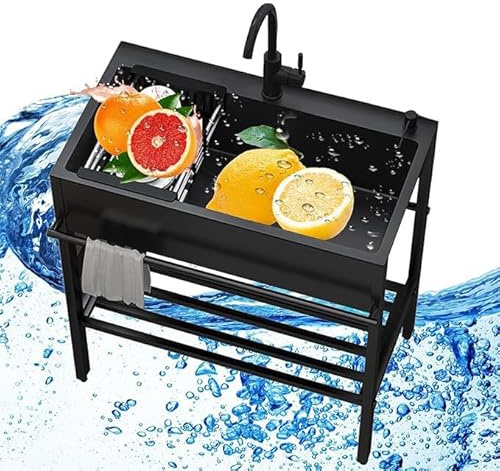 Lavello con armadietto, vasca singola autoportante in acciaio inossidabile, include rubinetto, 80 x 45 x 86 cm, per garage, esterni, cucina, commerciale, stazione di lavaggio per animali domestici (68