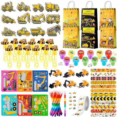 Kaxulvoblig Forniture per Feste di Costruzione,98 Pezzi Decorazione Compleanno Escavatori con Portachiavi Adesivi Timbri Buste Regalo per Feste di Compleanno Costruzione