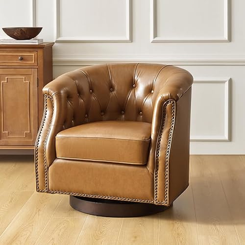 The support you need Genuine Leather Swivel Rocker Chair, Traditional Barrel Accent Chair with Button-Tufted Design, Chesterfield Living Room Armchair, No Assembly Required, Camel