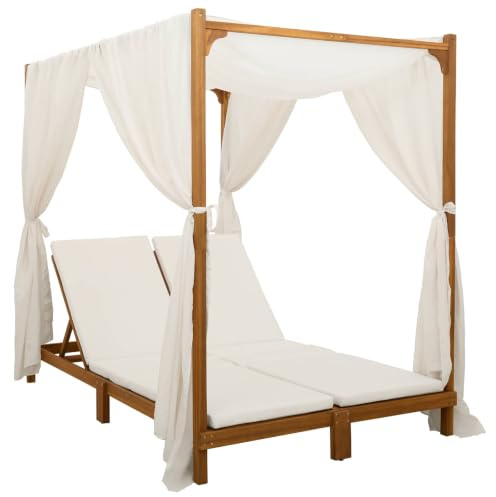 vidaXL Doppio lettino prendisole con tettuccio e tende Crema, Sedia da giardino reclinabile, schienale regolabile, resistente alle intemperie, per rilassarti all'aperto