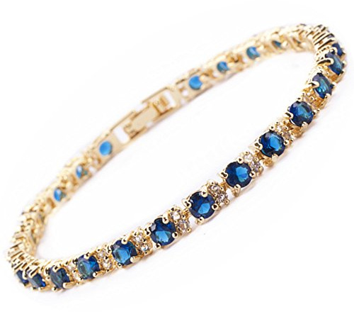 RIZILIA Bracciale Tennis Donna Zaffiro — 25 Pietre Zirconia 6,25 CTTW, Placcato Oro Giallo 14K, Gioielli Regalo Donna Compleanno, 18cm