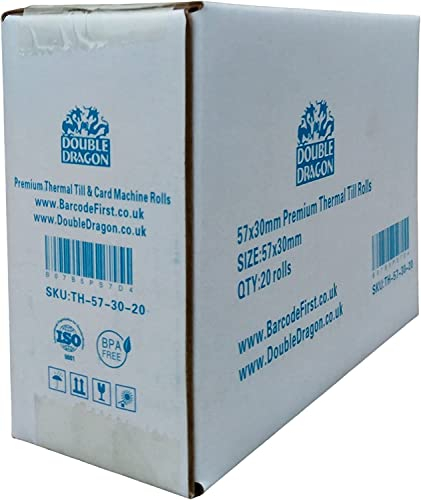 Double Dragon 57 x 30 mm Thermo-Papierrollen für PDQ Belegdrucker | BPA-frei | Kompatibel mit SumUp, Ingenico, PayZone, Verifone, Clover Printers, Zettle Terminals – 20 Rollen