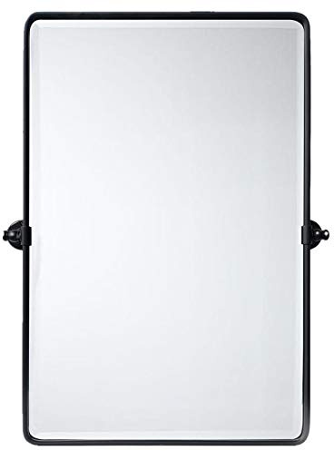 TEHOME Matt Black Pivot Rectangle Bathroom Vanity Mirrror Farmhouse Tiltable Rounded Metal Framed Pivoting Bathroom Mirror with Beveled Mirrror, Overall 27 x 35 inches (Mirrror 23 x 35 inches)