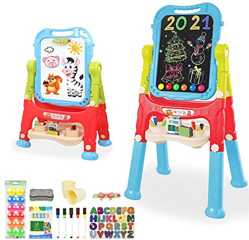 Mojitodon Easel for Kids,Rotatable Double Sided Adjustable Standing Art Easel with Painting Accessories for Toddlers Boys and Girls-Blue