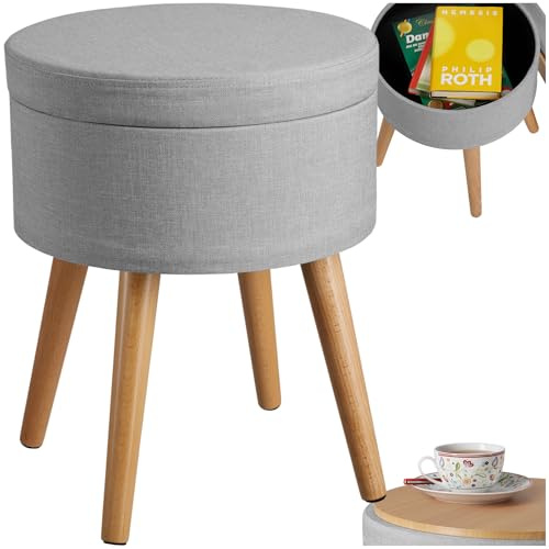 tectake® Storage Stool with Hidden Compartment, Upholstered Storage Ottoman in Linen Look with Reversible Lid & Beech Legs, 300 kg Load Capacity, Multi-Purpose Footstool & Side Table - Light Grey