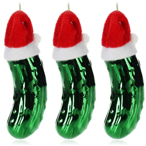 com-four® 3X Glas Christbaumschmuck als Gurke 11 cm - Weihnachtsgurke aus Glas mit Stoffmütze - Weihnachtsbaum Anhänger in grün für eine Festliche Weihnachtsdekoration (Gurke mit Mütze - 3 Stück)
